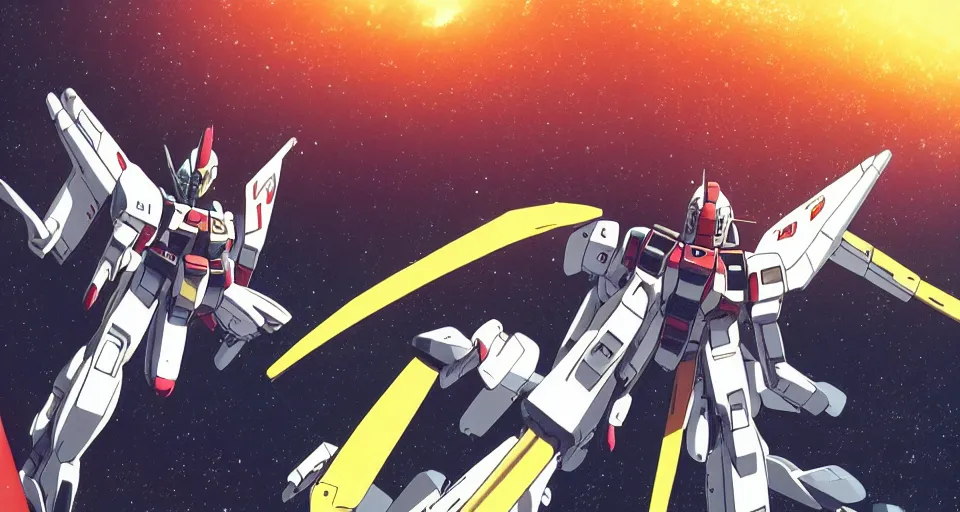 Image similar to RX-78-2 in the science fiction anime series gundam by makoto shinkai, flying through space, beautiful, interstellar, cinematic, shooting star, gundam