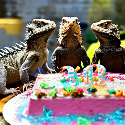 Image similar to a group of bearded dragons having a birthday party