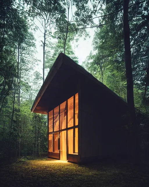 Image similar to an exquisite wooden house in the middle of a lush forest, minimalist design, architectural photography, dark and dim lighting, beautiful, tranquil, moody, cinematic, fantasy, 3 5 mm lens, volumetric lighting, first person view, photographic render, hyper realistic