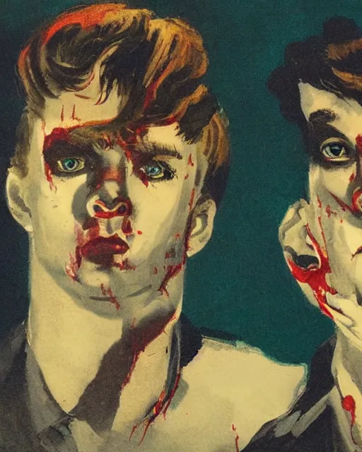 Prompt: two handsome but sinister young men wearing gucci in layers of fear, with haunted eyes and wild hair, 1 9 6 0 s, sixties, wallpaper, a little blood, moonlight showing injuries, delicate embellishments, painterly, offset printing technique, by brom, robert henri, walter popp