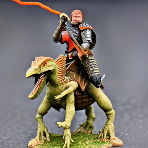 Prompt: D&D, high detail, miniature of medieval knight riding a dinosaur, Lord of the Print, 28mm scale