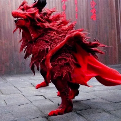 Image similar to cute palm sized blood red beast, wuxia