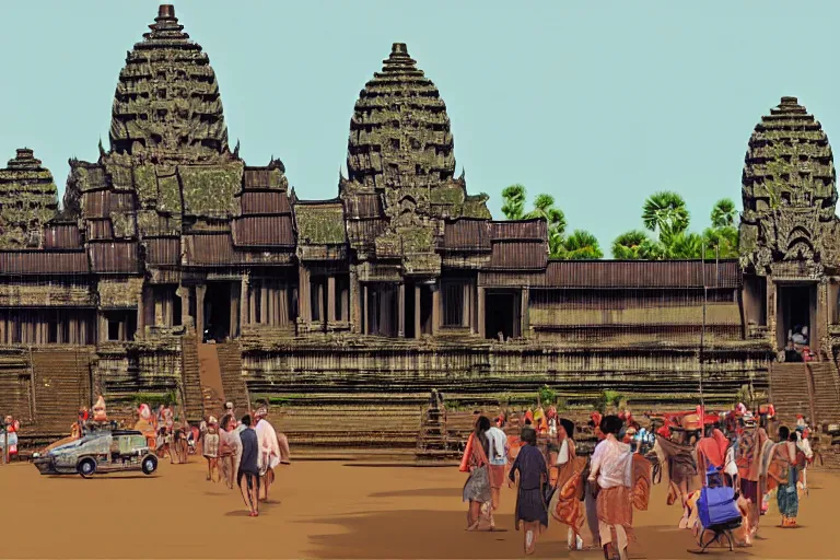 Image similar to angkor wat in the middle of a busy town, big crowd, many vehicles, many buildings, concept art, digital painting by shaddy safadi