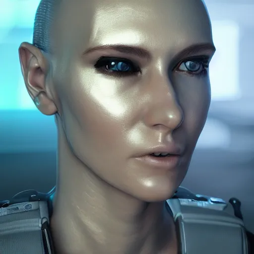 Image similar to cybernetic android human enhancements, 8 k, cgsociety, render ultra detailed hyper detailed, photorealistic, reflective, subsurface scattering, dramatic lighting