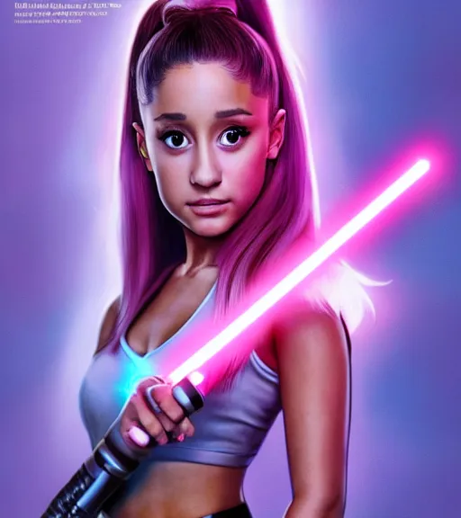 Prompt: A hyper realistic photo of Ariana Grande in the Star Wars universe with two pink lightsabers held in each hand. Maximum detail on artstation, photo realism