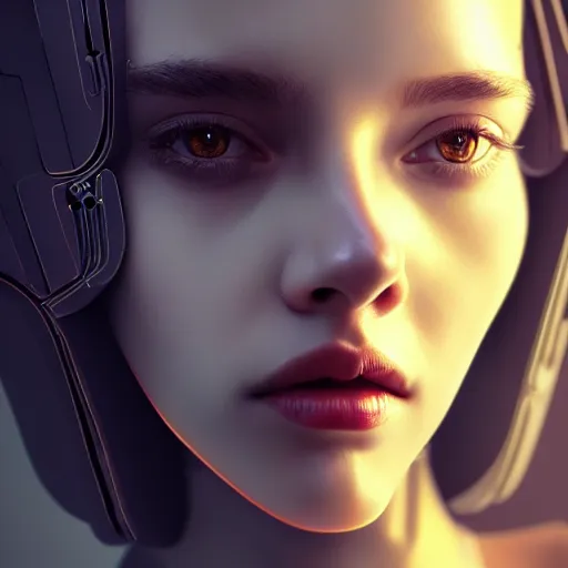 Image similar to portrait of beautiful girl with robot body, close up, portrait, cinematic, elegant, artstation, intricate, highly detailed, digital painting, artstation, concept art, sharp focus, illustration, cyberpunk, cgsociety, 8 k