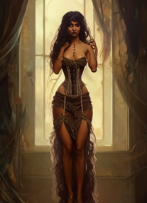 Image similar to cute brown woman wearing a transparent corset dress, fantasy, intricate, highly detailed, digital painting, artstation, concept art, wallpaper, smooth, sharp focus, illustration, art by artgerm and greg rutkowski and alphonse mucha