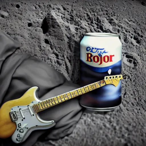 Image similar to a detailed, realistic, idle, regular sized electric guitar next to a detailed, realistic, idle, regular sized beer can on the moon. detailed photo. realistic photo. hyper realism. closeup