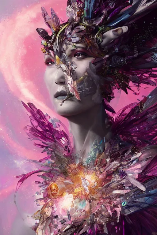 Image similar to torso closeup model wearing exploding flower crystal dress, sorcerer, diamonds, angel, fantasy, dramatic lighting, highly detailed, digital painting, holding electricity, magic the gathering, hyper detailed, 3 d render, hyper realistic detailed portrait, peter mohrbacher, wlop, ruan jia