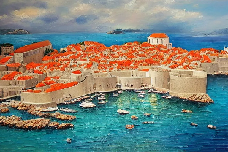 Image similar to dubrovnik,!!!! oil painting!!!!,!!!!!!!!!!!!!!!!!! oil in canvas!!!!!!!!!!!!!!!!!!, brushstrokes