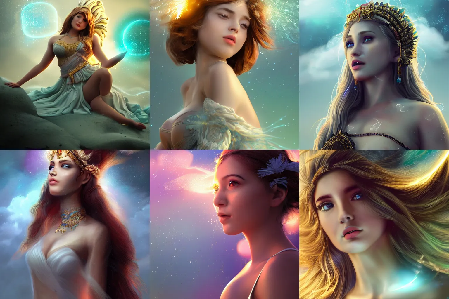 Prompt: a beautiful female goddess of the twitter character, character is in all its glory, character is in her natural relaxed pose, rim lights, particles and dust in the air, fancy clouds, highly detailed professional photo, dynamic lights, particles are flying, depth of field, trending on artstation, professional illustration, hyper realistic, vray caustics, super detailed, colorful accents, cinematic shot