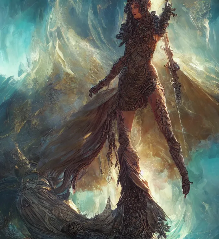 Prompt: full body illustration of a goddess, tarot card, dark souls colour scheme, establishing shot, coherent, high detailed, kerem beyit, Karol Bak, featured on artstation