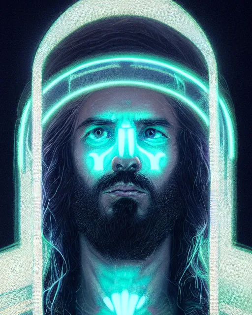 Image similar to portrait of jesus with neon cute giant eyes, intricate abstract. intricate artwork, by tooth wu, wlop, beeple, dan mumford. concept art, octane render, trending on artstation, greg rutkowski very coherent symmetrical artwork. cinematic, key art, hyper realism, high detail, octane render, 8 k, iridescent accents