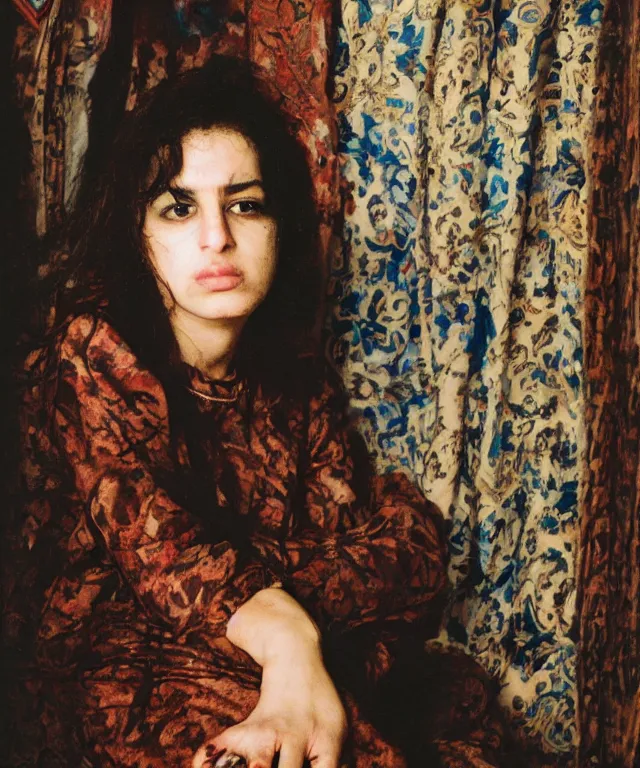 Image similar to a color photograph of persian young woman in her home, by nan goldin, out of place, intense, bold, exaggerated, over proportion, painted over by jenny saville, hyperrealistic, ultra sharp, extra details, ultra high quality,