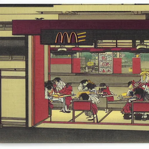 Image similar to A McDonalds at night, by Tsukioka Yoshitoshi