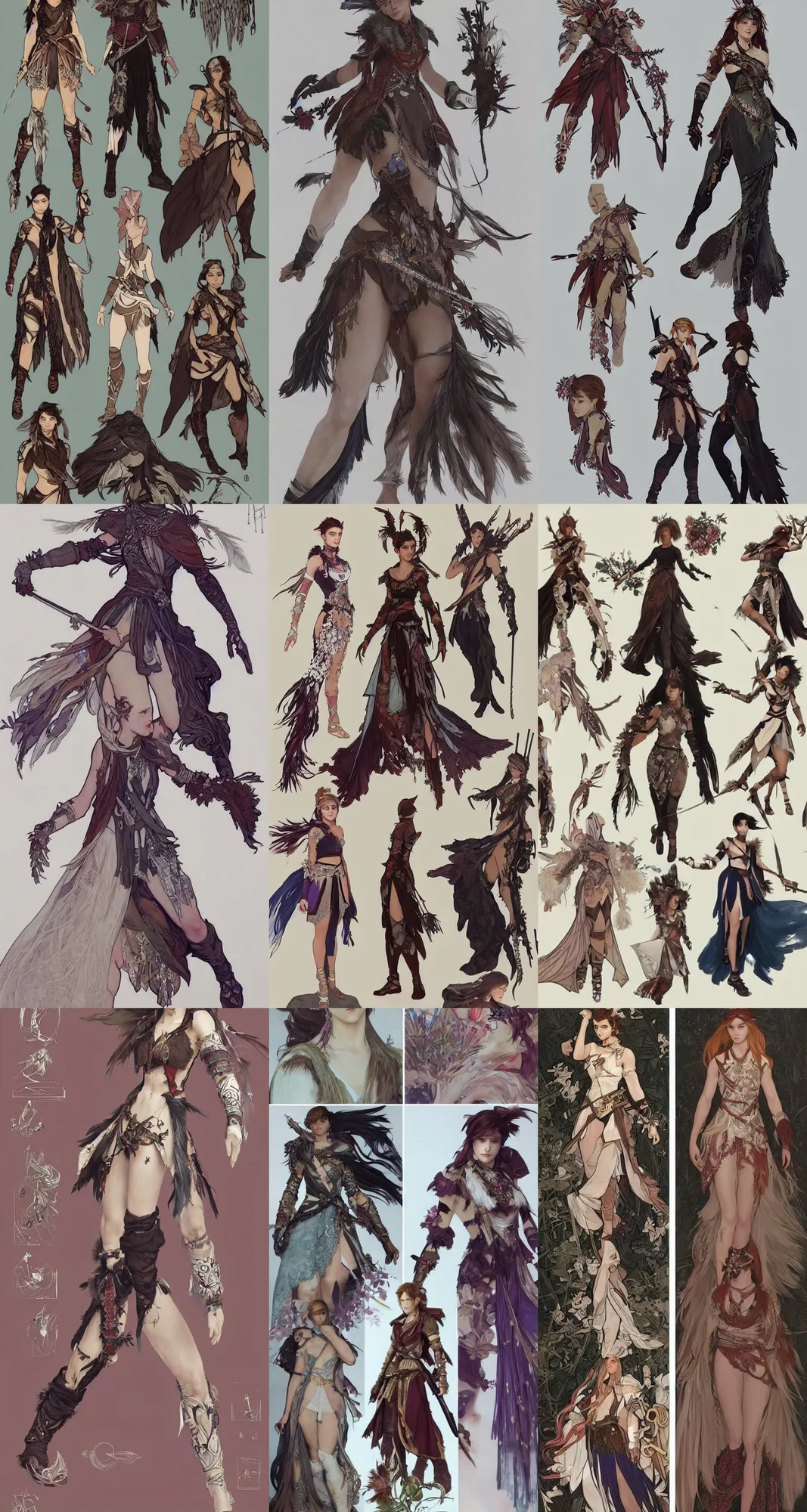 Prompt: Character concept and fashion spot illustrations from the Final Fantasy and Horizon Zero Dawn 2 and Assassin's Creed Odyssey mashup, full-body, bloom, dynamic poses, diaphanous cloth, intricate crystalline and feather jewelry, ornate, filigree, arcane, cinematic lighting, by Alphonse Mucha, by James Gurney, by Bouguereau, by Rubens, fantasy, portfolio illustration, highly detailed, trending on Artstation, CGsociety, HQ, 8k, 35mm lens, f2.8, Bokeh,