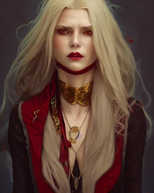 Prompt: female vampire, perfect face, gold waistcoat, red shirt, long grey hair, red necktie, cinematic, stunning, highly detailed, digital painting, artstation, smooth, hard focus, illustration, art by artgerm and greg rutkowski and alphonse mucha