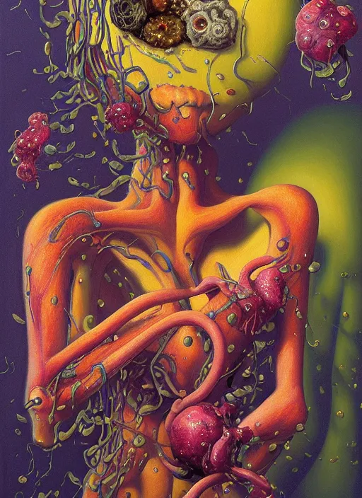 Image similar to hyper detailed Oil painting - Ramona Flowers Eats of the Strangling Fruit and Her gossamer polyp blossoms bring iridescent fungal flowers whose spores black the foolish stars by Jacek Yerka, Mariusz Lewandowski, Abstract brush strokes, Masterpiece, Edward Hopper and James Gilleard, Zdzislaw Beksinski, Mark Ryden, Wolfgang Lettl, hints of Yayoi Kasuma