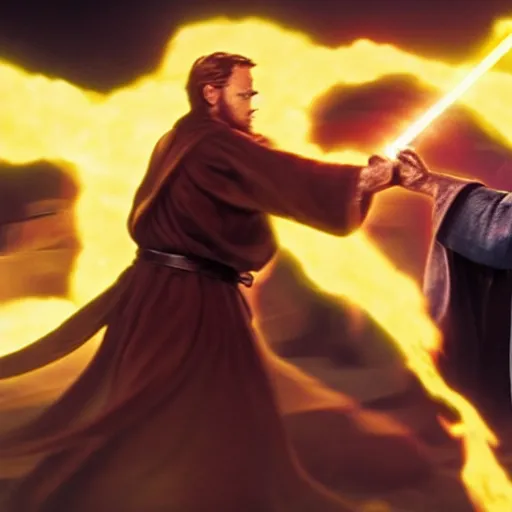 Image similar to a balrog fighting obi wan kenobi