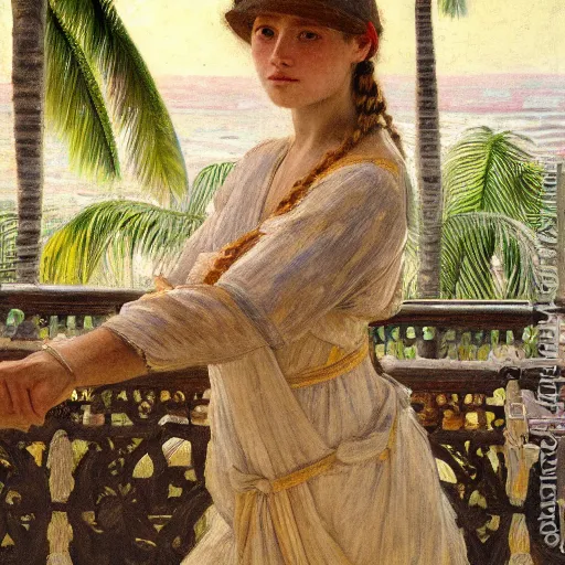 Image similar to a ultradetailed beautiful painting of a girl in the amazonas palace balustrade designed by jules bastien - lepage, hans belmer, frank weston and gustave baumann, beach, trending on artstation, mediterranean, palm trees, detailed face, sharp focus, soft light, 8 k 4 k