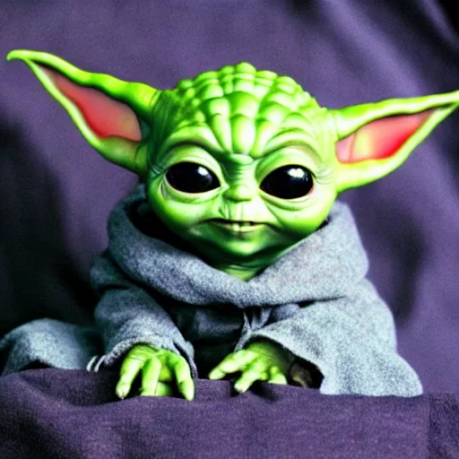 Prompt: baby yoda evil grin