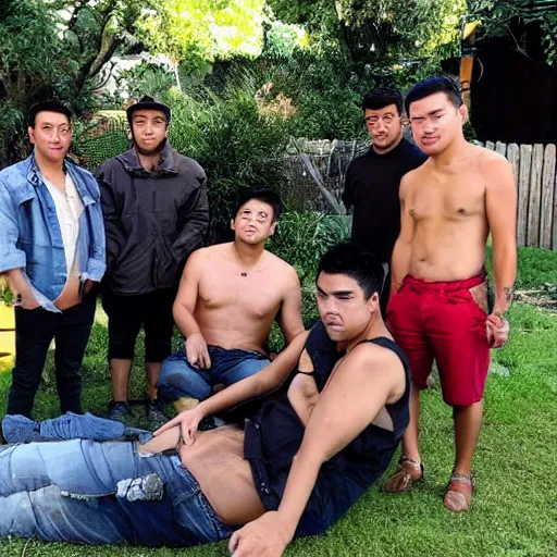 Image similar to one mexican woman 2 4 years old, one chinese man, one romanian man, one mexican man, one light skin black man, hanging out in a backyard in the city, peaking on mdma, actual photo