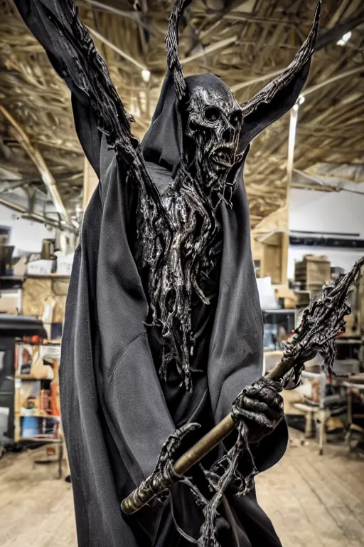 Image similar to photo taken of an epic intricate, ultra detailed, super realistic sculpture of a nightmarish hellish demonic hooded grim reaper sculpture on display in a workshop, created by weta workshop, full body shots, photorealistic, sharp focus, f 0. 4, face centred, macro photography, golden ratio, golden hour