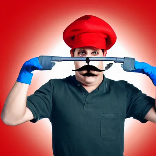 Image similar to an plumber wearing a red outfit and having a moustache and a red hat saying m, cinematography, photography, highly defined features, hdr,