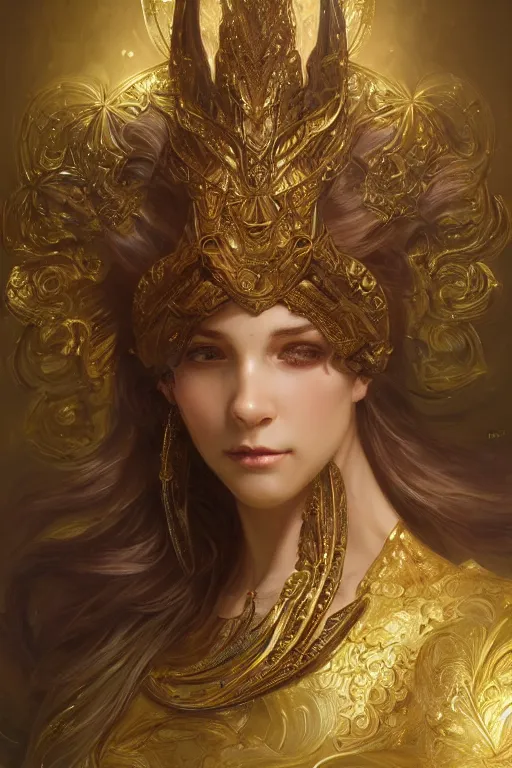 Image similar to a beautiful horse, gold jewellery, dnd, fantasy, intricate, elegant, highly detailed, digital painting, artstation, concept art, smooth, sharp focus, illustration, art by artgerm and greg rutkowski and alphonse mucha