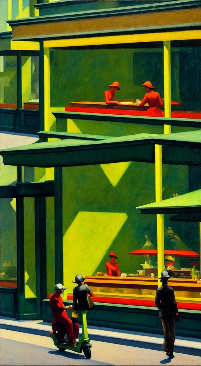 Prompt: oil on canvas, painting from edward hopper, in the style of nighthawks, lime scooters on the street