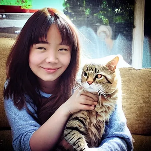 Image similar to “ a girl called lia with her cat ”