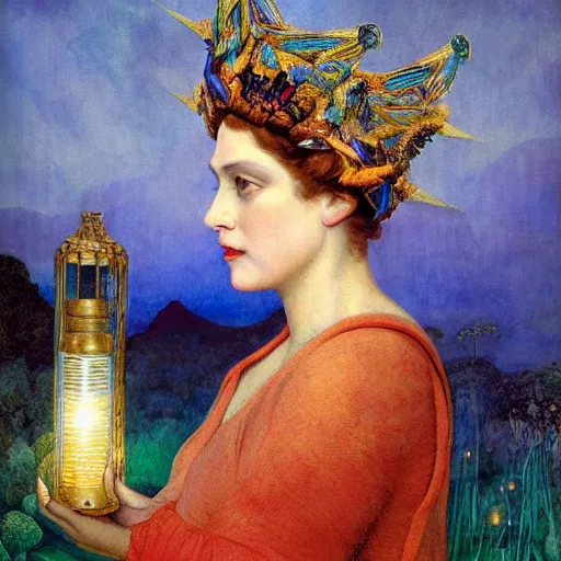 Image similar to queen of twilight with her lantern, by Annie Swynnerton and Diego Rivera and Tino Rodriguez and Maxfield Parrish, elaborate headdress and embroidered velvet, iridescent beetles, rich color, dramatic cinematic lighting, extremely detailed