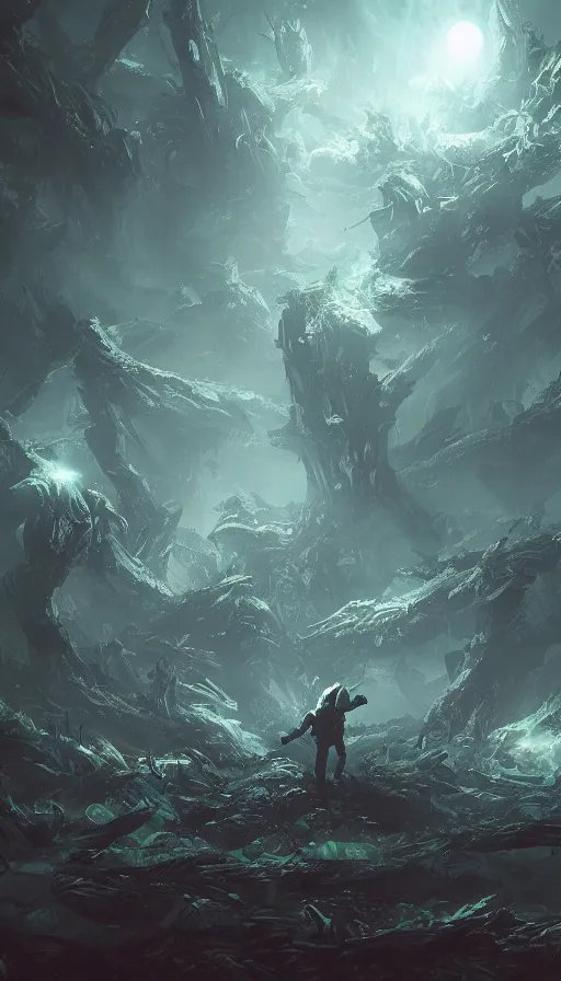 Image similar to astronaut exploring a storm vortex made of many demonic eyes and claws over a forest, by blizzard concept artists