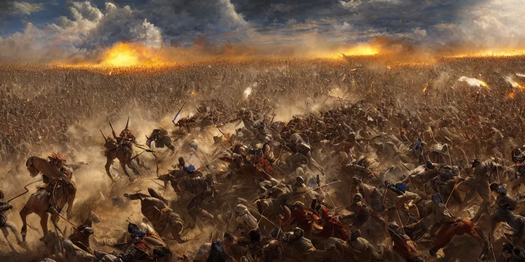 Image similar to zoom in on the battle of little bighorn ( 1 8 7 6 ), majestic sweeping action, cinematic lighting, dramatic lighting, cinematic lighting, hyperdetailed, trending on rendered in ue 5, digital art, oil on canvas, artstation cgsociety, 8 k, 4 k