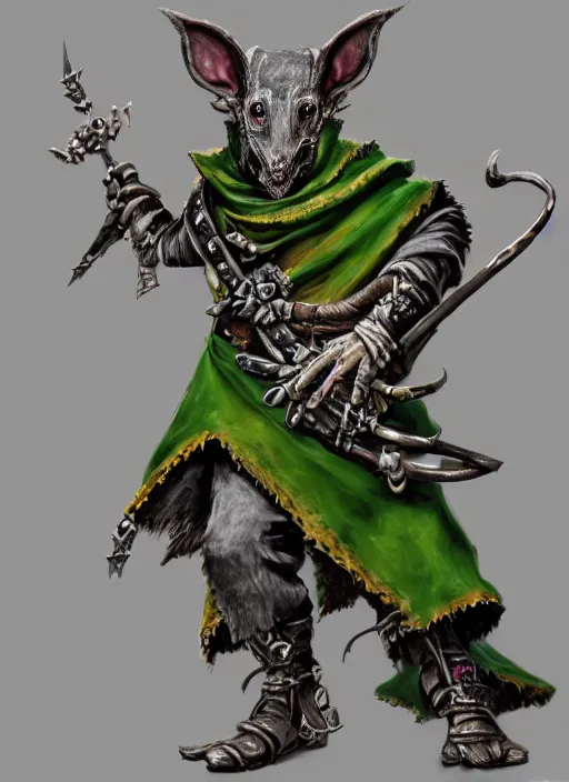Prompt: a skaven from warhammer fantasy with a gray beard, wearing jewelry, tricorne hat, green robe, mean, dark tones, warlock, d & d, digital art, detailed face, highly detailed, trending on artstation, realistic