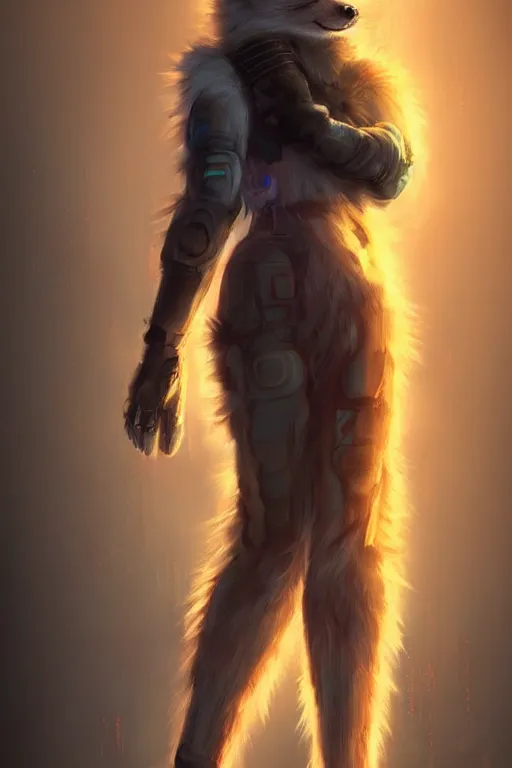 Prompt: an anthropomorphic cyberpunk fox with a fluffy tail, backlighting, trending on artstation, digital art, furry art, trending on furaffinity, fantasy art, by kawacy