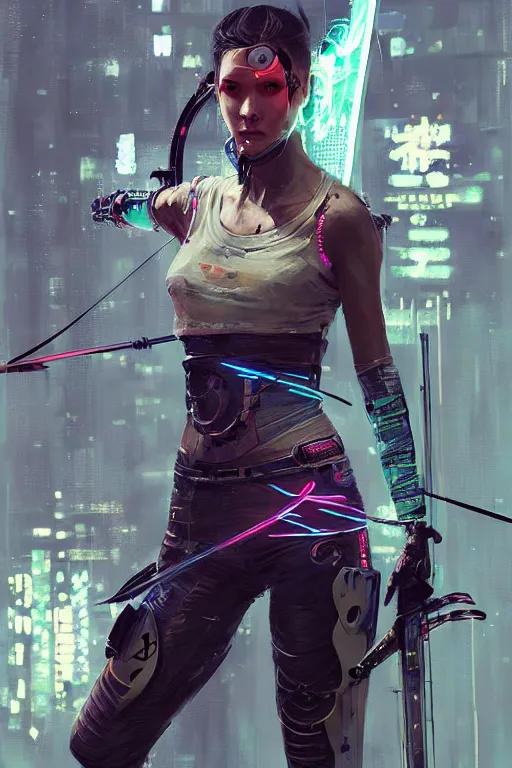 Image similar to female archer, cyberpunk futuristic neon. fencing, long sword in her hand, decorated with traditional japanese ornaments by ismail inceoglu dragan bibin hans thoma greg rutkowski alexandros pyromallis nekro rene maritte illustrated, perfect face, fine details, realistic shaded, fine - face, pretty face, masterpiece