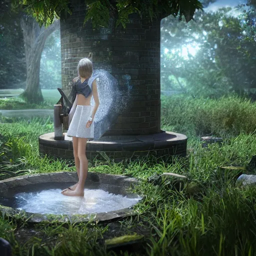 Image similar to E-girl talks to a magical well, in the backyard of an overgrown suburb, beautiful detail, unreal engine, concept art