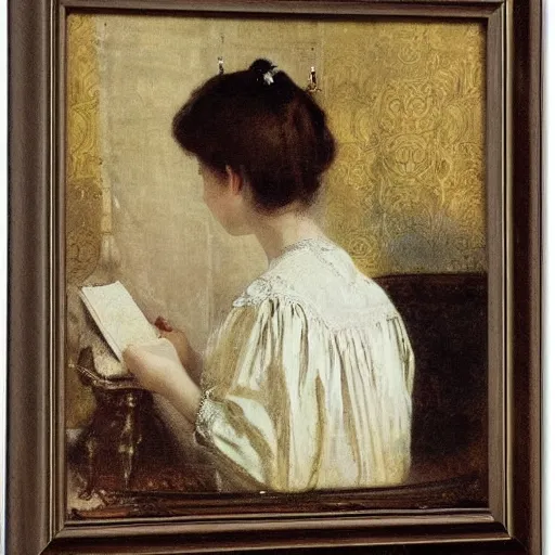 Image similar to young victorian woman in a castle reading a horror book by alfred stevens