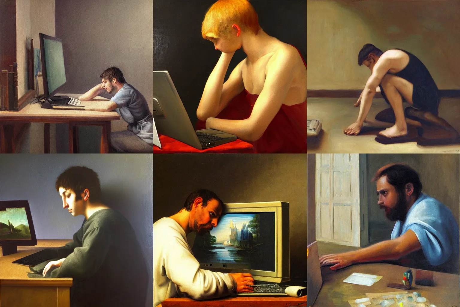 Prompt: masterpiece painting of a 3d artist sad, crouched and desperate looking at the computer screen, oil on canvas, renaissance