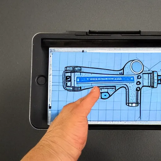 Image similar to legible technical blueprints for a functional handheld shrink - ray gun