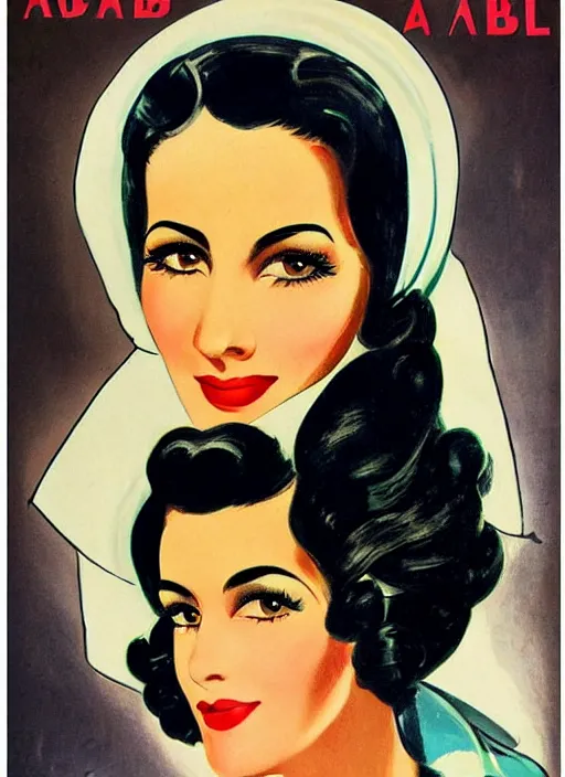 Image similar to beautiful black-haired arab woman, 1940s propaganda poster, full hd,highly detailed