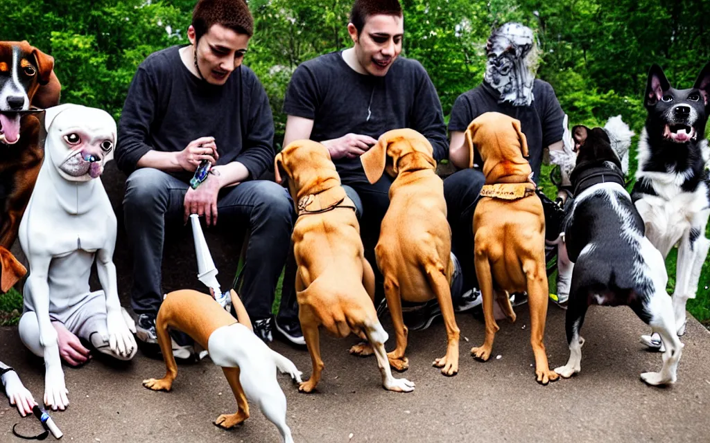 Prompt: group - of - humanoid - dog - friends - smoking - rolled - joint - outside photo