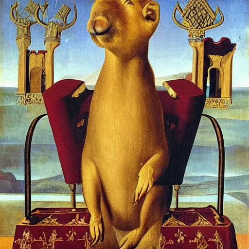 Prompt: A portrait of a humanoid capybara depicted as a medieval king on a throne, renaissance oil painting by Salvador Dali