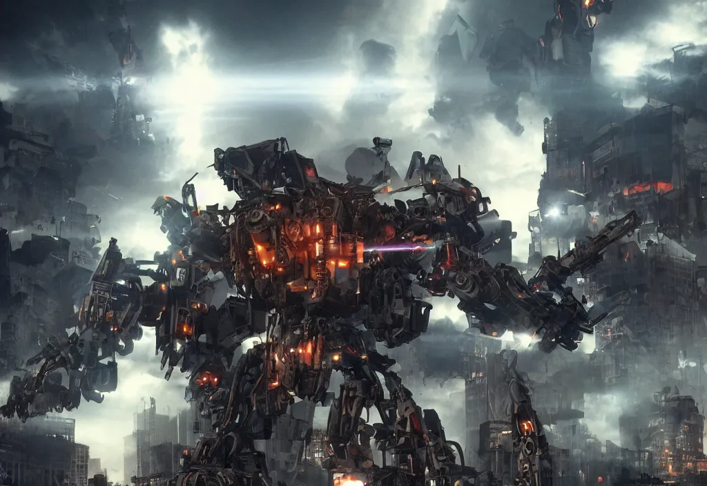 Image similar to mecha peronist destroying a city, photorealistic, film, cinematic lighting, octane tender, volumetric light, dark - art