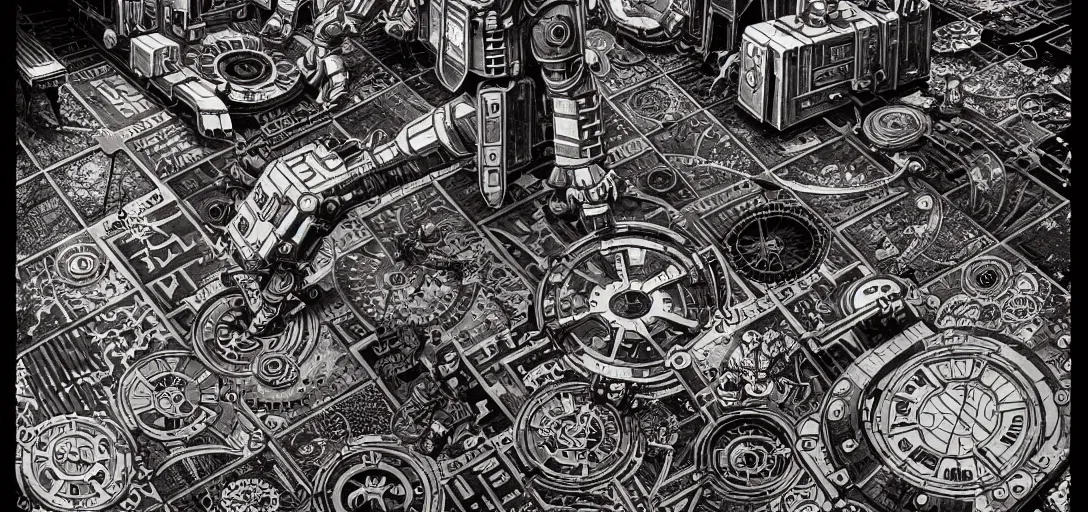 Prompt: steampunk mech tiled floor, one point perspective, high details, line art, by vincent di fate and joe fenton, inking, screen print, masterpiece, trending on artstation, sharp,, hyper - detailed, hd, 4 k, 8 k