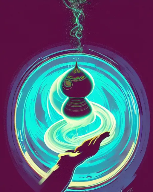 Prompt: genie, chaotic liquid smoke vortex, portrait, by petros afshar, ross tran, tom whalen, peter mohrbacher, smokey water scenery, bubbles, radiant light