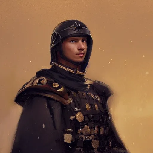 Image similar to Medium closeup young idealistic and pious homely male Imperial soldier wearing a black tabard with light yellow accents over a gambeson and a barbute!!!!! helm, by Raymond Swanland Greg Rutkowski Lise Deharm, {perfect face}, {perfect eyes}, {uncertain look}, {on edge}