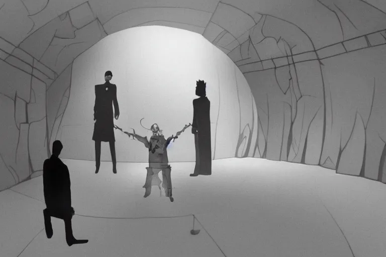 Prompt: movie scene from Neo vs Morpheus in The Cabinet of Dr. Caligari, hd, 4k, remaster, dynamic camera angle, deep 3 point perspective, fish eye, dynamic scene