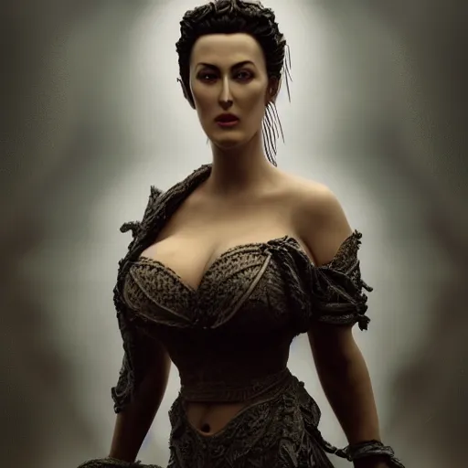 Image similar to A digital masterpiece illustration concept art of giant porcelain statue of a very beautiful Monica Bellucci, beautiful eyes, symmetrical face, symmetrical body, taiga landscape + inspired art by mark brooks + Extremely detailed and intricate complexity + epic composition, magical atmosphere, cinematic lighting + wide long shot, wide angle + trending on artstation + 8k